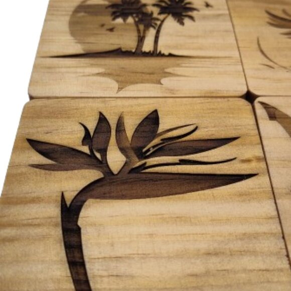 4" Wood Engraved Coasters. The Phoenix, Bird of Paradise, Shark, Tropical Island - Picture 3 of 8
